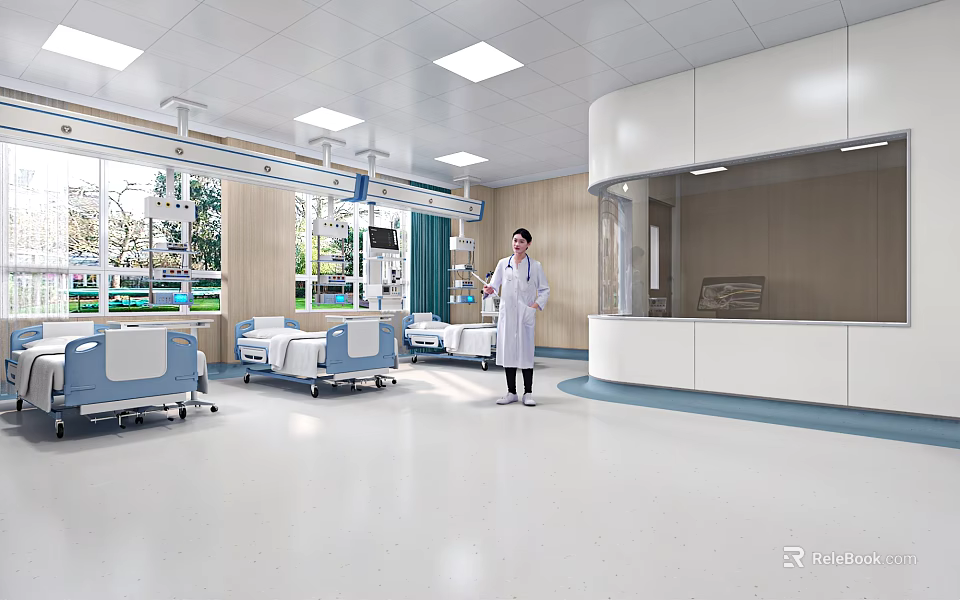 Bright Hospital Ward Interior With Medical Beds Doctor Nurse Station And Equipment 3d model 