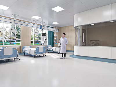 Bright Hospital Ward Interior With Medical Beds Doctor Nurse Station And Equipment 3d model