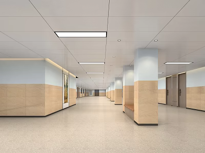 Modern Elevator Corridor With Ceiling Lights Paneled Walls And Smooth Flooring 3d model
