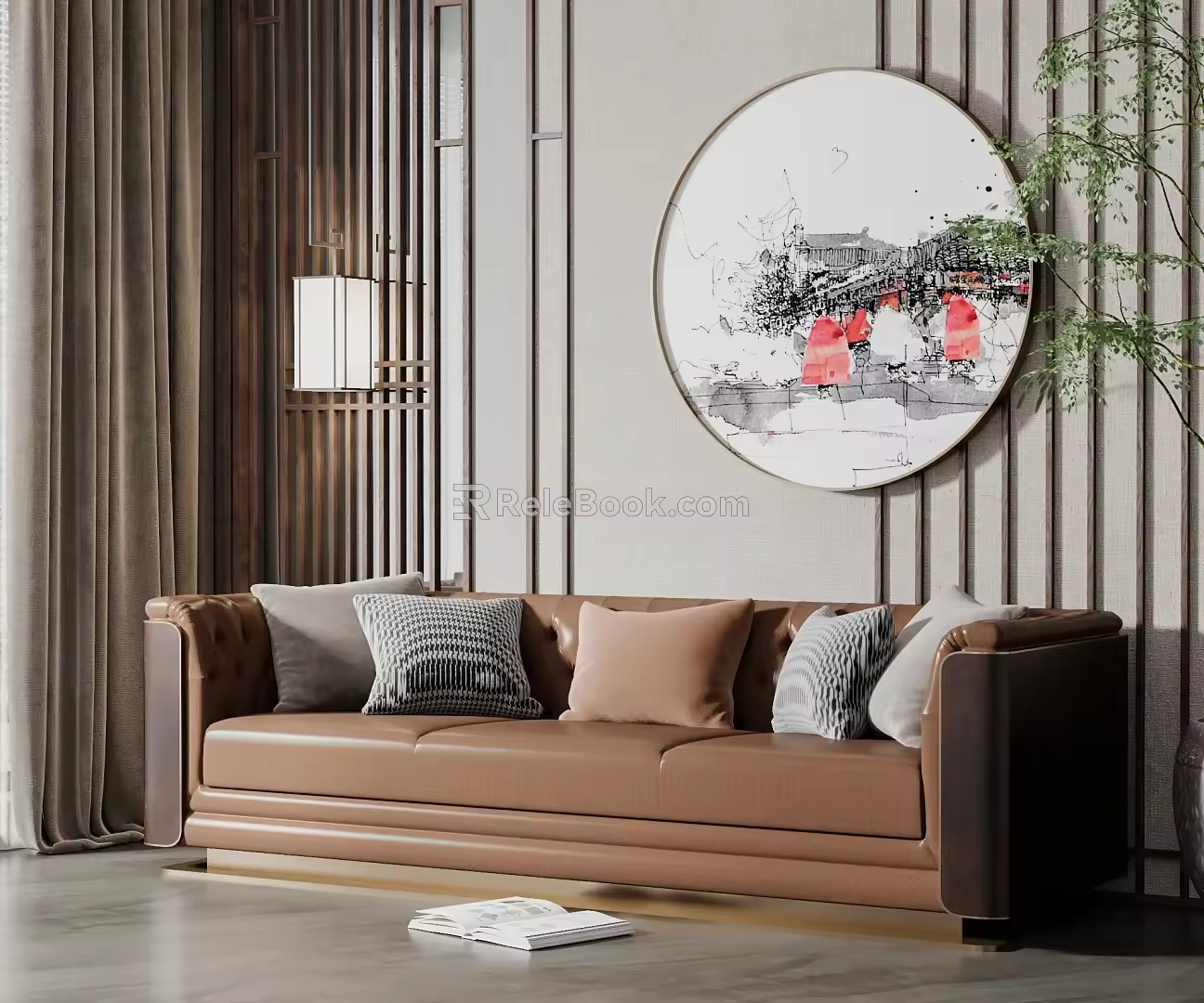New Chinese-style three-person sofa multi-person leather sofa 3d model