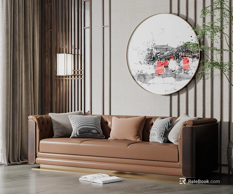 Brown Leather Three Seater Sofa With Cushions Wooden Wall Round Painting And Potted Plant 3d model 