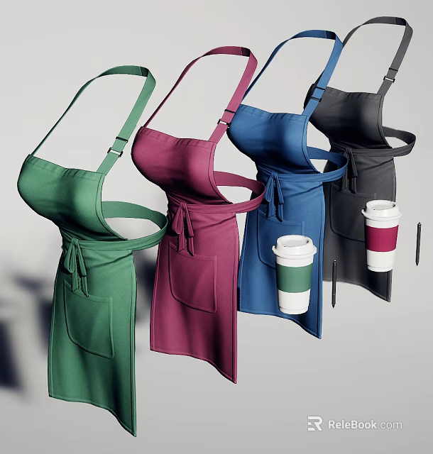 Stylish Colorful Kitchen Aprons With Pockets And Hanging Coffee Cups 3d model 