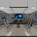 Modern Conference Room With Large Table Comfortable Chairs Large Screen Windows Plants And Modern Lighting