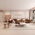Modern Warm Tone Living And Dining Room With Leather Sofa And Full Wall Storage Cabinets