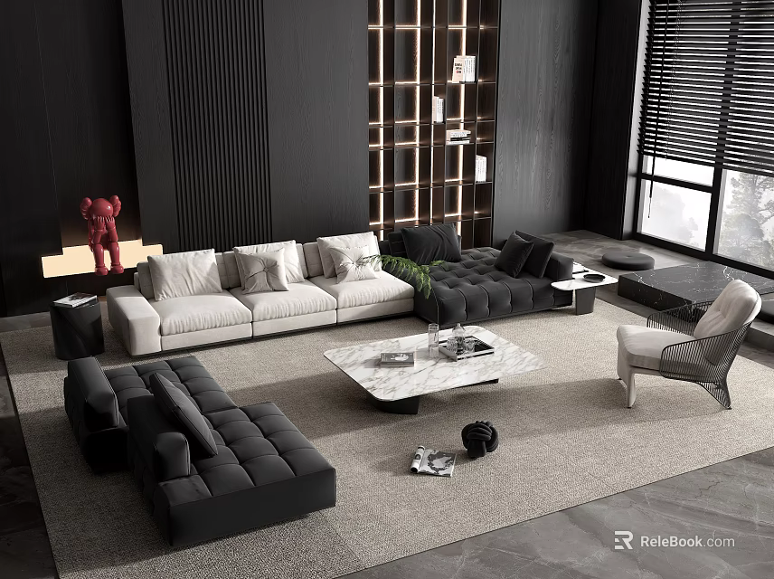 Modern Living Room Interior With Gray Sectional Sofa And Marble Coffee Table Set 3d model