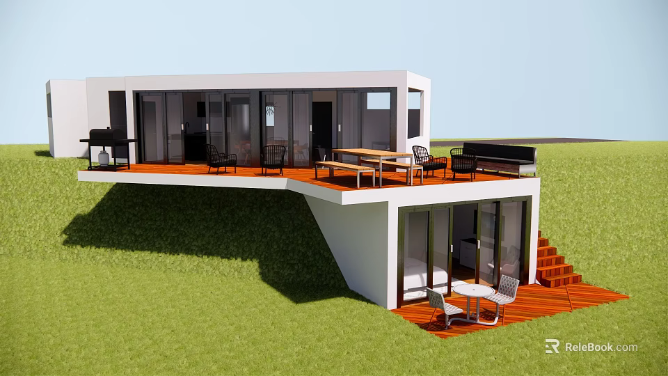 Modern Detached Villa Featuring Spacious Terrace Outdoor Furniture And Glass Windows On Grassland 3d model 