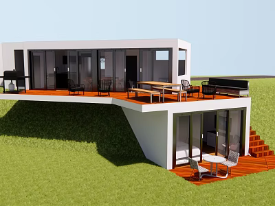 Modern Detached Villa Featuring Spacious Terrace Outdoor Furniture And Glass Windows On Grassland 3d model