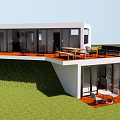 Modern Detached Villa Featuring Spacious Terrace Outdoor Furniture And Glass Windows On Grassland