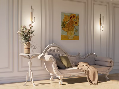 Elegant Chaise Lounge with Sunflower Painting Wall Sconces and Vase in White Paneled Room 3d model
