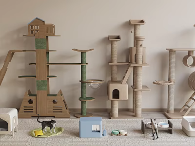 Multi Level Cat Tree Structures With Sisal Posts Platforms And House Shaped Perches 3d model