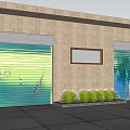 Entrance Gate With Green Blue Roller Doors Small Window And Green Plants On Building Exterior