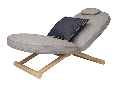 Comfortable Gray Linen Lounge Chair With Navy Pillow And Wooden Legs 3d model
