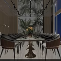 Elegant Modern Private Dining Room With Long Table Floral Arrangement And Botanical Wall Decor