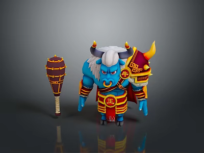 Blue Skinned White Haired Ox Like Game Character With Red Gold Armor And Hammer Weapon 3d model