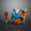 Blue Skinned White Haired Ox Like Game Character With Red Gold Armor And Hammer Weapon