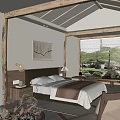 Rustic Wooden Beamed Bedroom Interior With White Walls Bed Fireplace And Greenery View