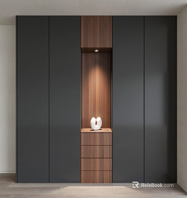 Modern Wardrobe with Dark Door Panels Wooden Middle Section Drawers and Spotlight in Minimalist Design 3d model 