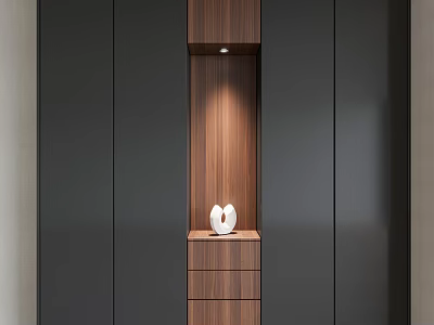 Modern Wardrobe with Dark Door Panels Wooden Middle Section Drawers and Spotlight in Minimalist Design 3d model