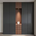 Modern Wardrobe with Dark Door Panels Wooden Middle Section Drawers and Spotlight in Minimalist Design