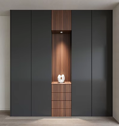 Modern Wardrobe with Dark Door Panels Wooden Middle Section Drawers and Spotlight in Minimalist Design 3d model