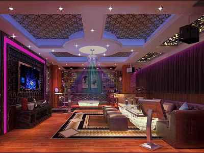 Modern KTV Interior Design With Purple Lighting Large Screen TV And Comfortable Sofas 3d model