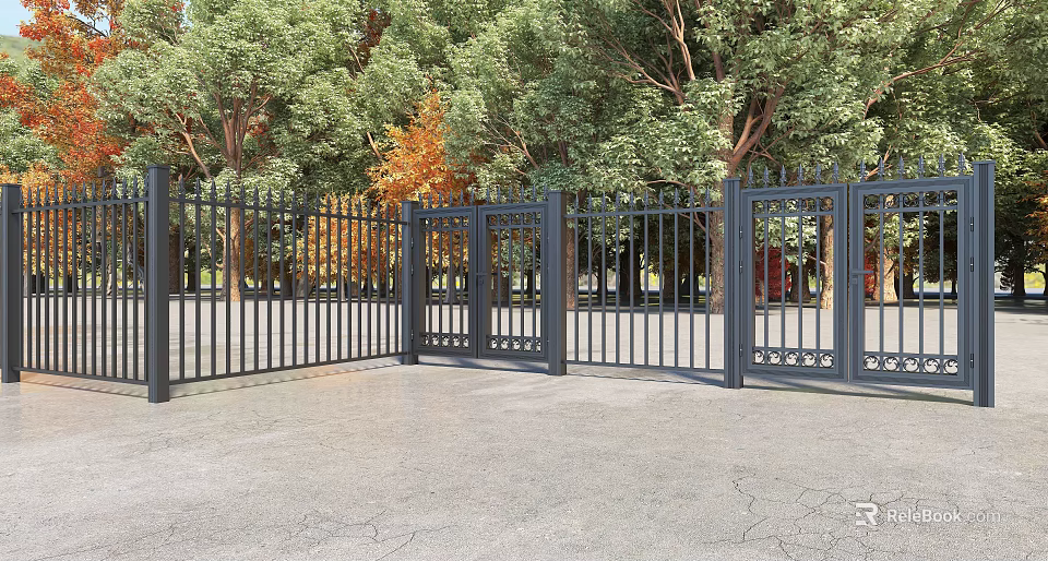 Black Metal Fence With Gates In Outdoor Area Surrounded By Green Trees 3d model 