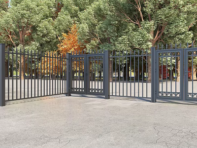 Black Metal Fence With Gates In Outdoor Area Surrounded By Green Trees 3d model