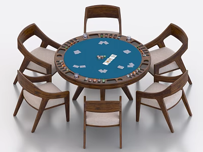 Round Poker Table Setup With Six Wooden Chairs And Poker Chips Playing Cards 3d model