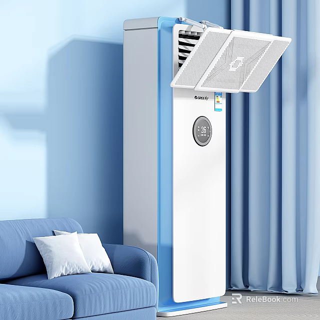 Modern White Air Cooler Fan In Living Room With Blue Sofa And Curtains 3d model 
