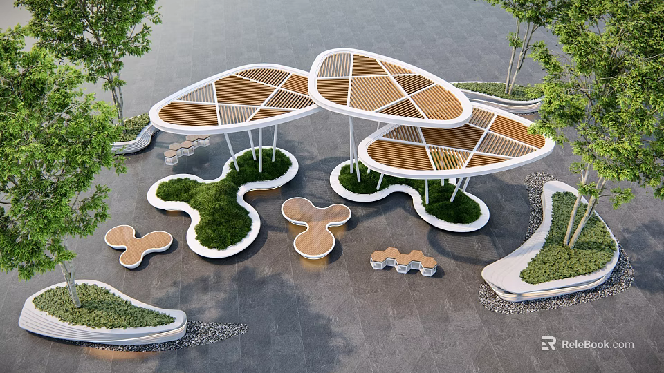 Modern Landscape Seats Design With Irregular Shapes Wooden Canopy And Green Plants 3d model 
