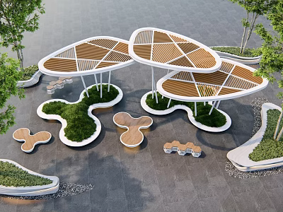 Modern Landscape Seats Design With Irregular Shapes Wooden Canopy And Green Plants 3d model