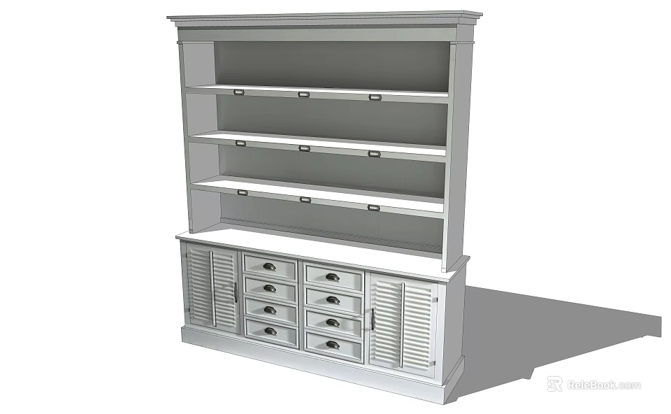 Classic White Bookcase With Open Shelves Drawers And Louvered Doors 3d model 
