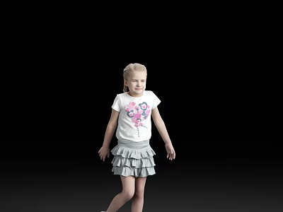 Young Girl In White T-shirt With Pink Cartoon And Gray Ruffled Skirt Against Black Background 3d model