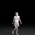 Young Girl In White T-shirt With Pink Cartoon And Gray Ruffled Skirt Against Black Background