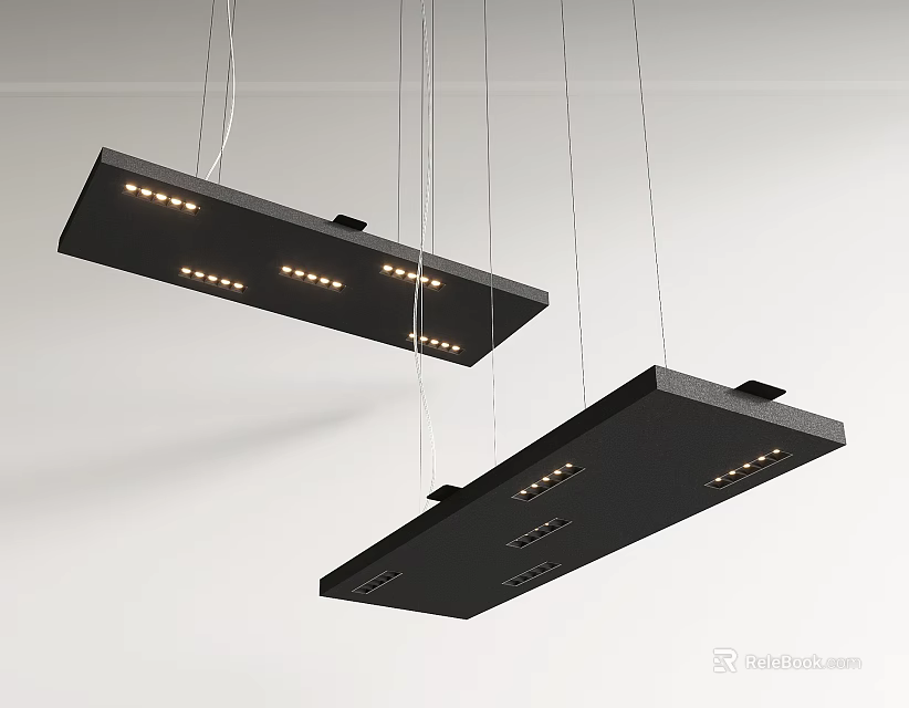 Modern Black Rectangular Pendant Lights With LED Bulbs Hanging From Ceiling 3d model