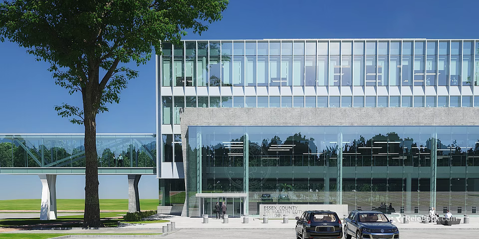 Modern Office Building With Glass Facade Stone Base And Tree Near Entrance With Cars 3d model 