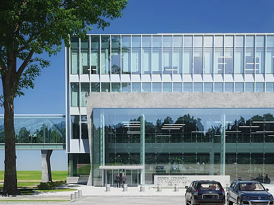 Modern Office Building With Glass Facade Stone Base And Tree Near Entrance With Cars 3d model