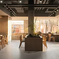 Sunlit Restaurant Interior With Open Layout Wooden Furniture Dish Shelves Chef And Plants