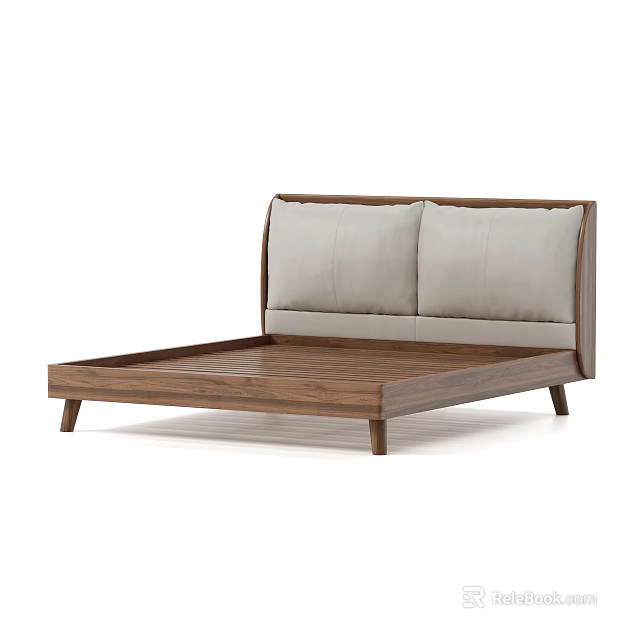 Modern Minimalist Double Bed with Wooden Frame and Gray Padded Headrests 3d model 