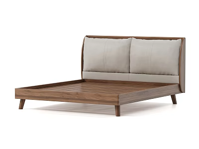 Modern Minimalist Double Bed with Wooden Frame and Gray Padded Headrests 3d model