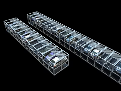 Long Metal Parking Canopy Structure With Vehicles Inside 3d model