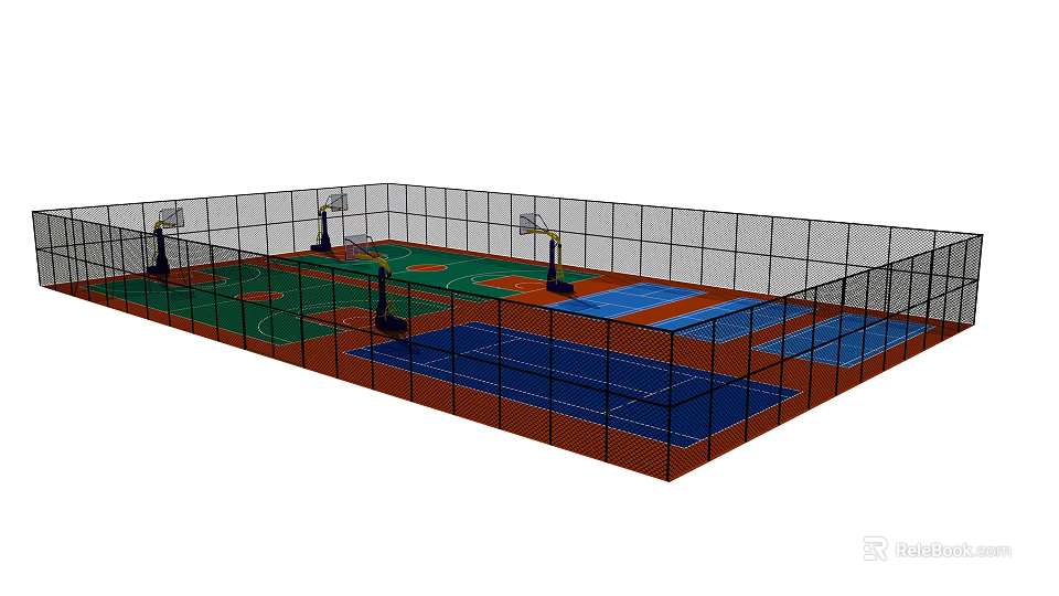 Enclosed Multi Court Sports Facility with Colored Basketball Surfaces for Fitness Training Activities 3d model 
