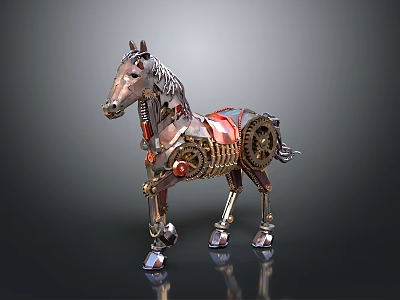 Steampunk Mechanical Horse Sculpture With Intricate Metal Gears And Red Accents 3d model