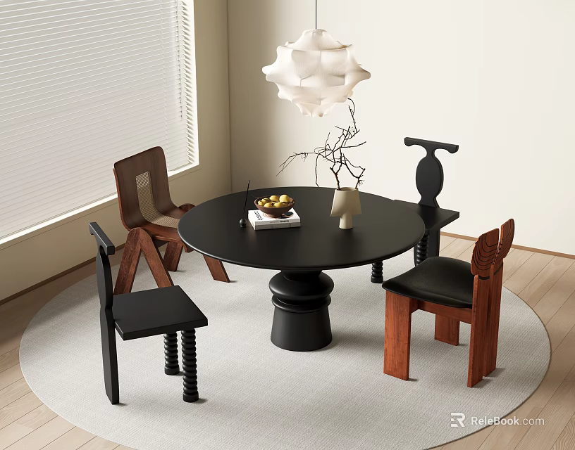 Modern Interior With Black Round Dining Table Wooden Chairs Window Blinds Pendant Light White Rug 3d model 