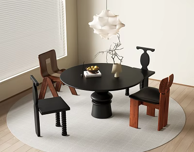 Modern Interior With Black Round Dining Table Wooden Chairs Window Blinds Pendant Light White Rug 3d model