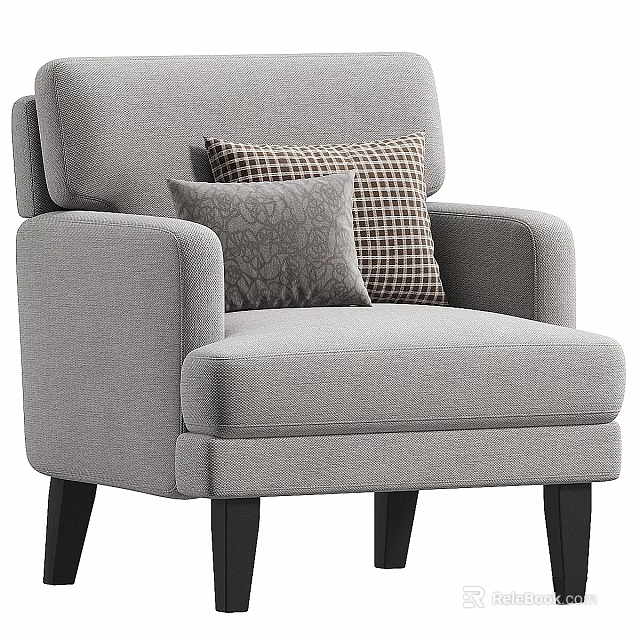 Gray Upholstered Accent Chair with Armrests and Patterned Decorative Pillows on Black Wooden Legs 3d model 
