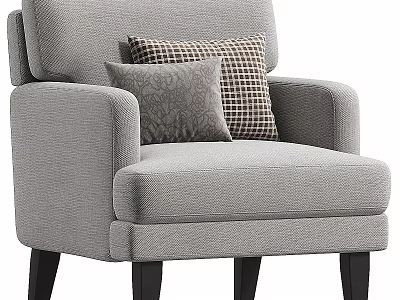 Gray Upholstered Accent Chair with Armrests and Patterned Decorative Pillows on Black Wooden Legs 3d model