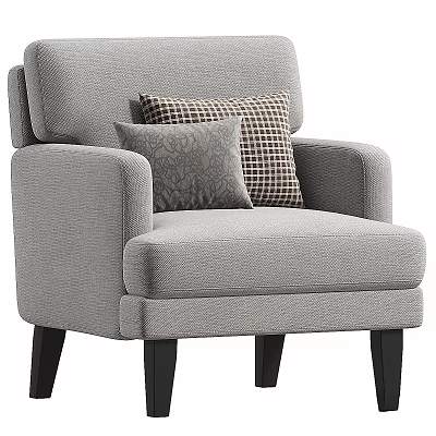 Gray Upholstered Accent Chair with Armrests and Patterned Decorative Pillows on Black Wooden Legs 3d model