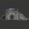 Ancient Castle Ruins With Ruined Stone Walls Arched Doorway Green Grass And Water Reflection
