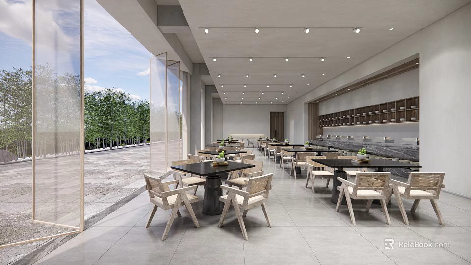 Modern Restaurant Interior With Spacious Dining Area Large Windows Trees Outside Wooden Chairs And Ceiling Lights 3d model 
